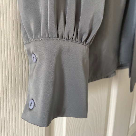 Satin grey blue button up blouse with tie - Picture 3 of 5